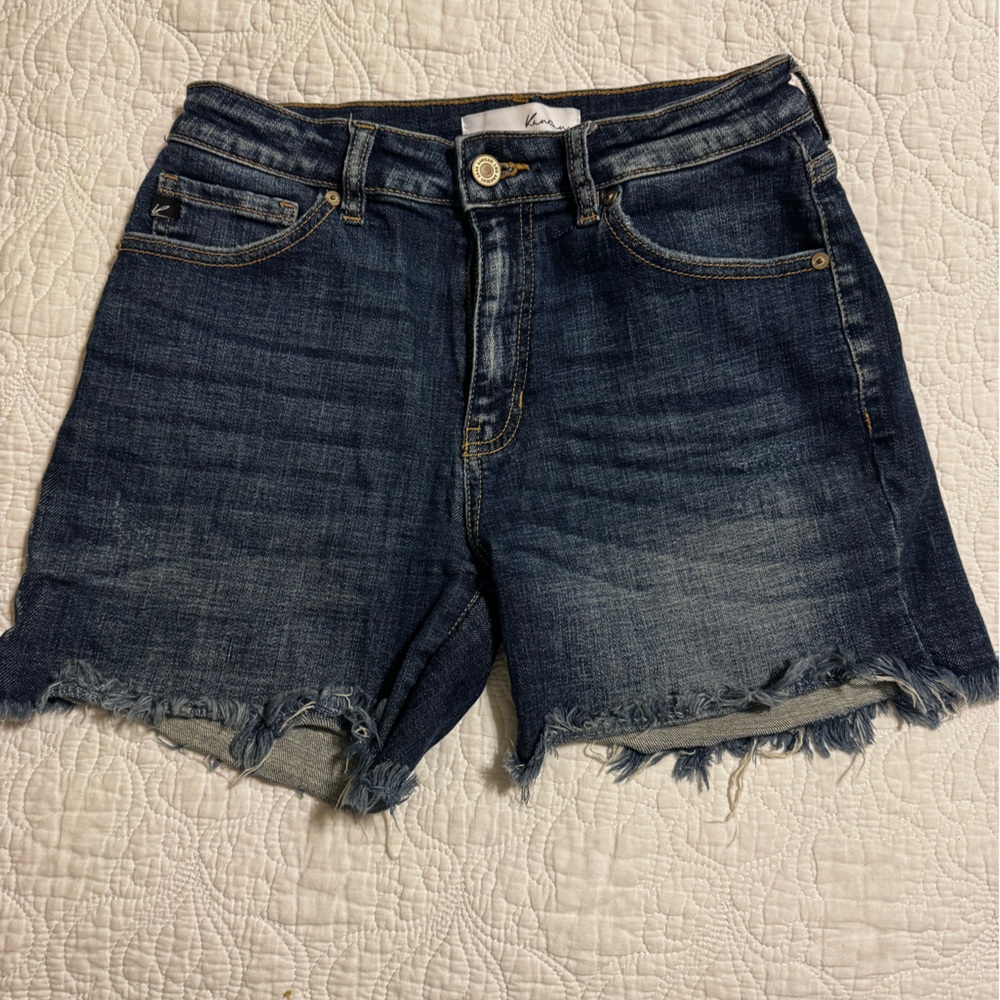 Kancan Dark Blue Denim Frayed Hem Women's Shorts